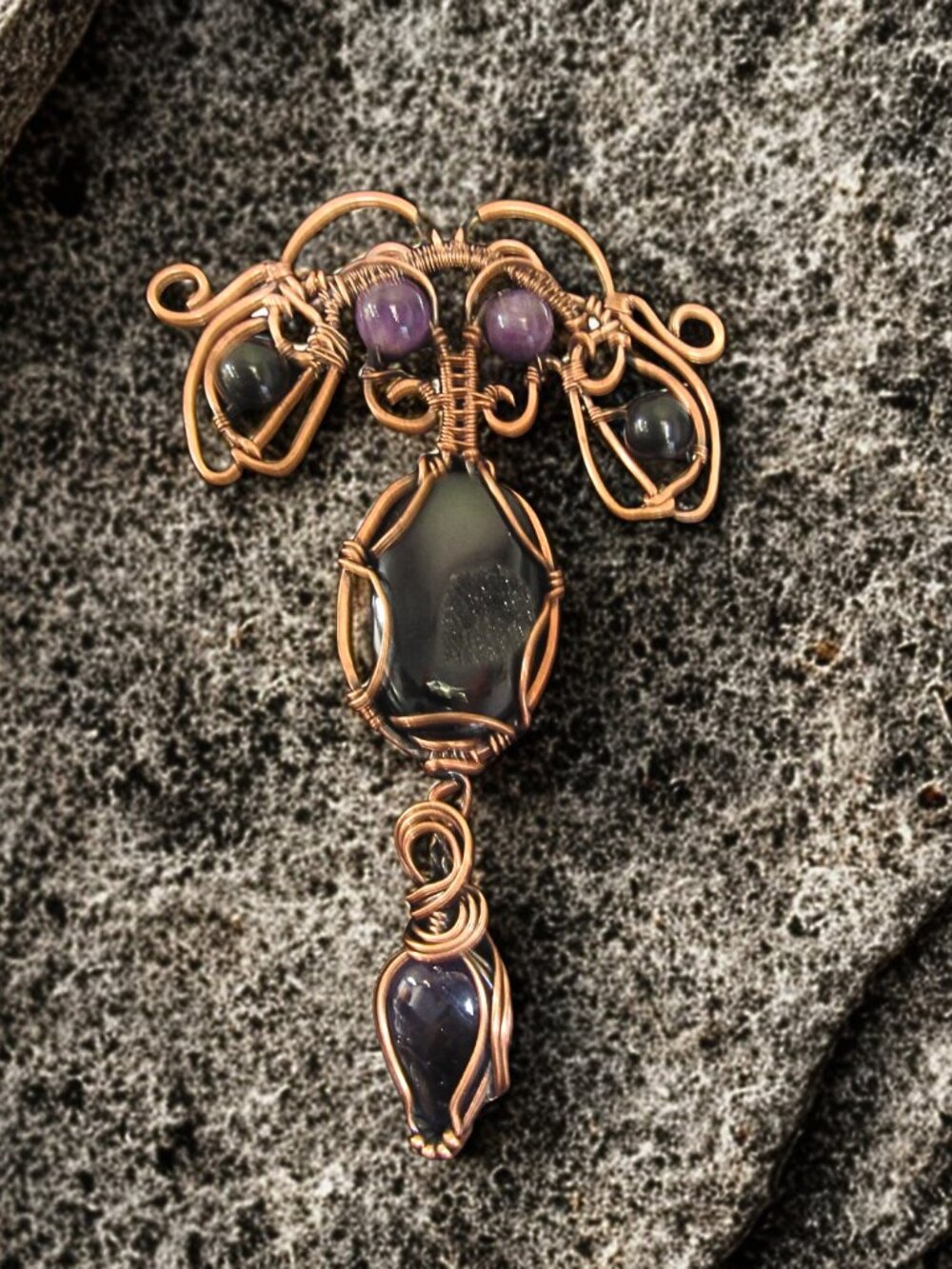 Handmade Wire wrapped Statement Necklace w/ Amethyst, Obsidian Druzy, Copper - Picture 7 of 8